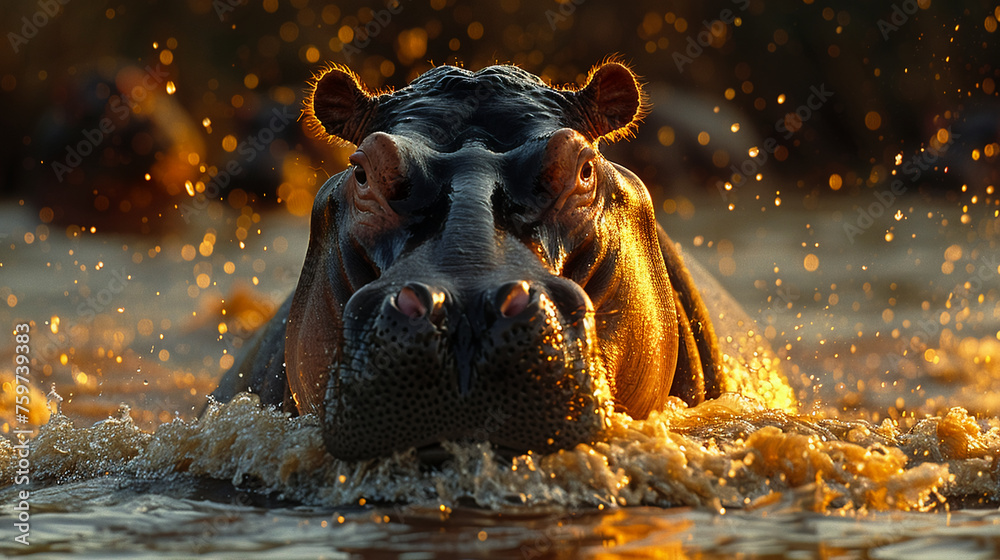 Fototapeta premium wildlife photography, authentic photo of a hippopotamus in natural habitat, taken with telephoto lenses, for relaxing animal wallpaper and more