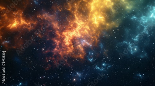 This image captures the ethereal beauty of space with vivid orange and blue nebulae  sparkling stars scattered across the cosmic landscape