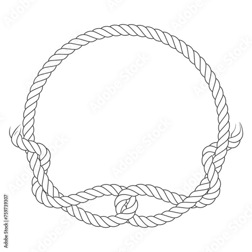 Round rope frame with knot loops, rope circle with ragged endings, fisher's knot, vector