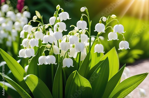 Close-up shot of beautiful white lily of the valley flower blossoming in a garden on sunny day. Convallaria majalis blooming in nature, vivid colorful background. 