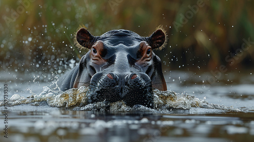 wildlife photography, authentic photo of a hippopotamus in natural habitat, taken with telephoto lenses, for relaxing animal wallpaper and more