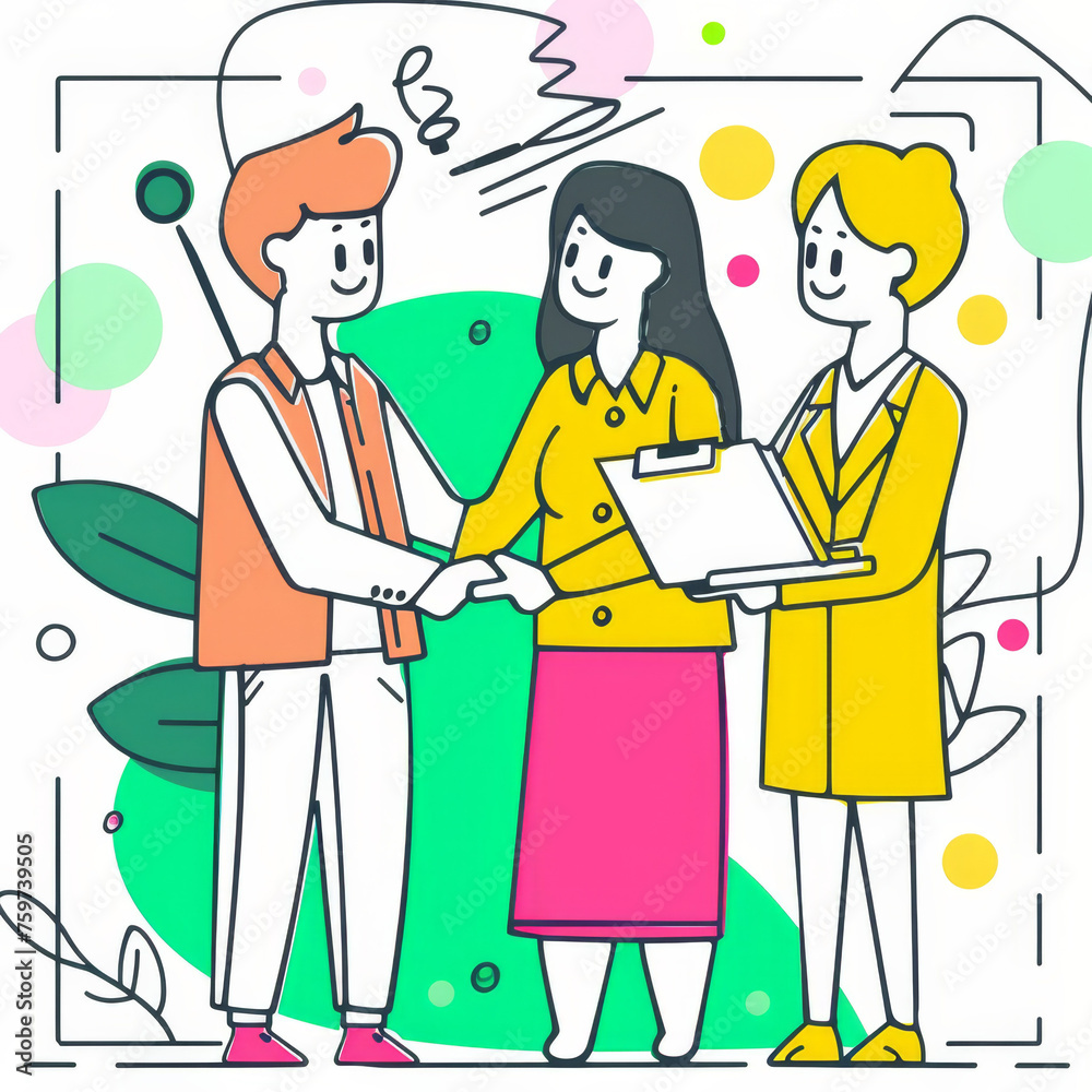 Colorful Line Illustration of Colleagues in Leadership Training Handshake Gen AI
