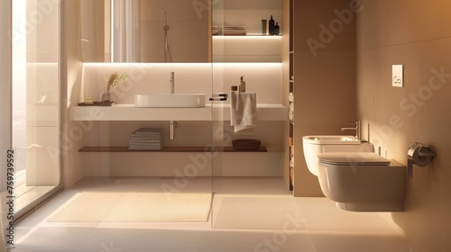 Modern Spa Bathroom Featuring Wall-Mounted Toilet and Glass Shower Stock Photography