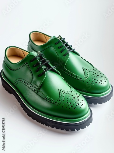 Pair of green leather brogue shoes on white background.