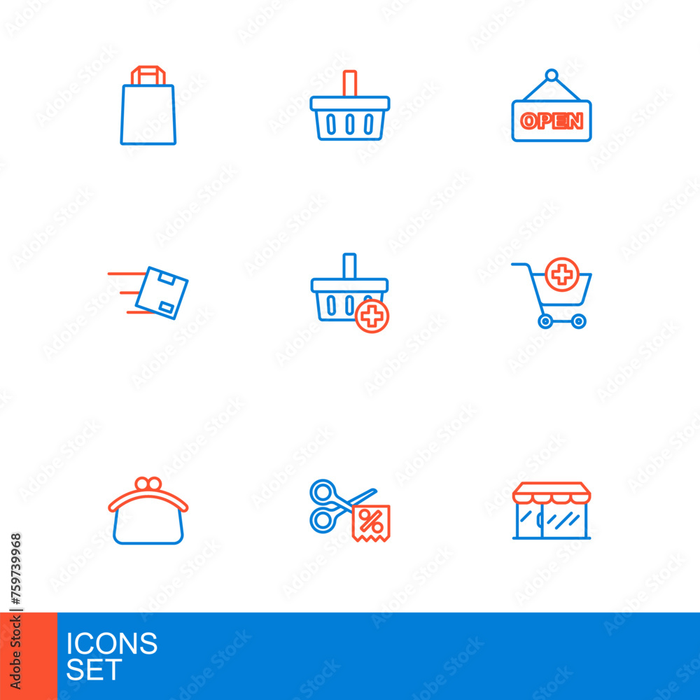 Set line Market store, Scissors cuts discount coupon, Wallet, Add Shopping cart, Location with cardboard box, basket, Hanging sign text Open and icon. Vector