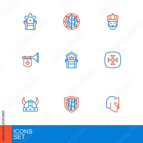 Set line Medieval helmet, Shield, Viking in horned, Crusade, Trumpet with flag, throne, King crown and Round wooden shield icon. Vector