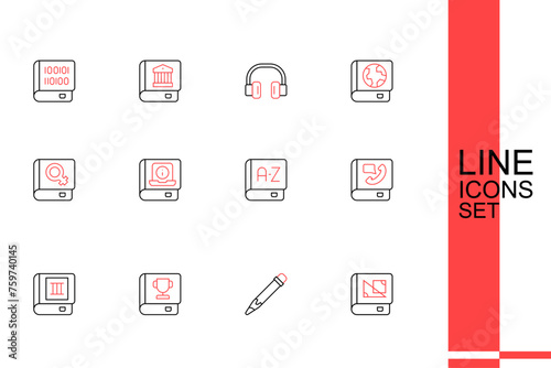 Set line Book about geometry, Pencil with eraser, Phone book, Translator, User manual and women icon. Vector