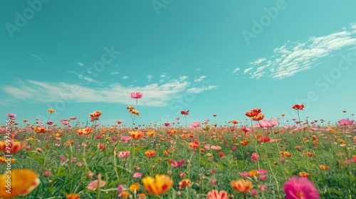A minimalist shot of a vibrant flower field  with colorful blooms stretching to the horizon