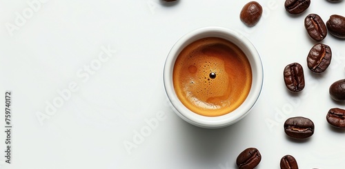 a cup of coffee sits next to coffee beans on a white background