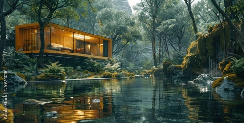 a cabin surrounded by the woods