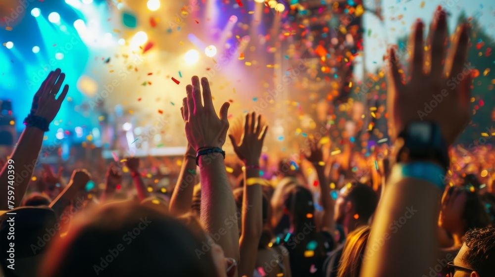 A blur of motion as audience members joyously put their hands up at a music festival