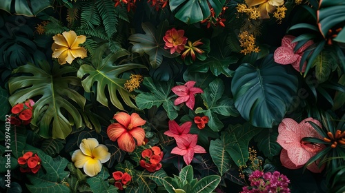 a tropical flower garden, with exotic blooms and lush foliage, creating a colorful