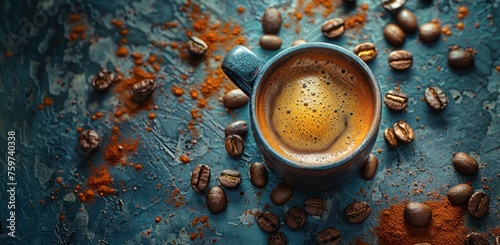 a cup of coffee surrounded by beans