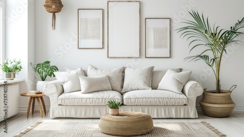 bright and airy living room with white walls, a neutral sofa, and few carefully chosen decor pieces