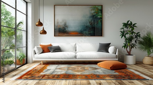 A minimalist living room with white walls and furniture, accented by a vibran...