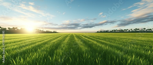 green grass field with sun rays near the end
