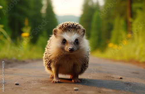 hedgehog along the road in forest