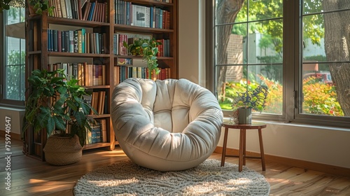 A cozy reading nook with a comfortable chair, a small side table