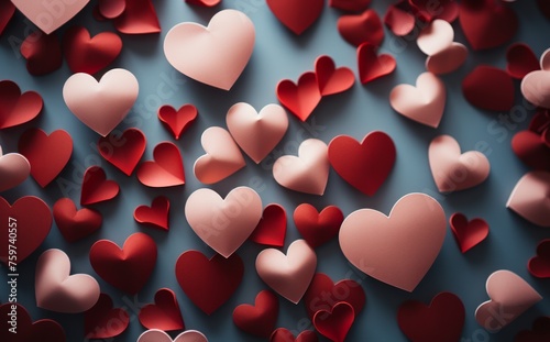 Several paper heart shapes arranged on a red background, creating a simple ye...
