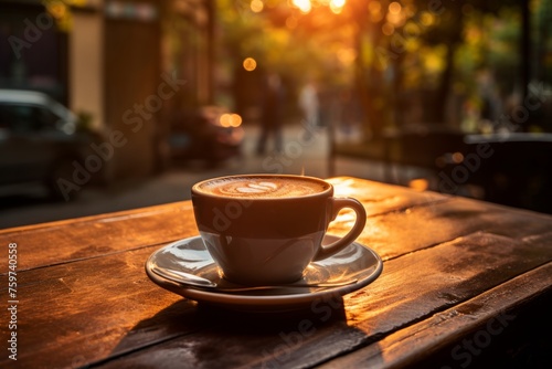 coffee cup sitting on table outside in the evening