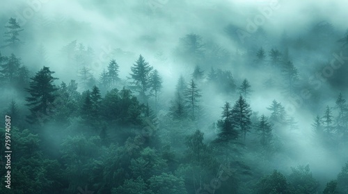 A minimalist photograph of a misty forest  with tall trees fading into the fog and a soft