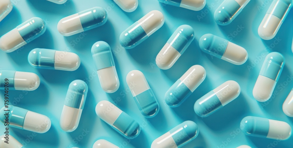 a bunch of blue and white pills laying on a blue background a bunch of blue and white pills laying on a blue background