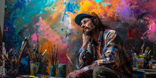 A reflective artist sits amid a chaotic burst of colorful paint splashes in a studio