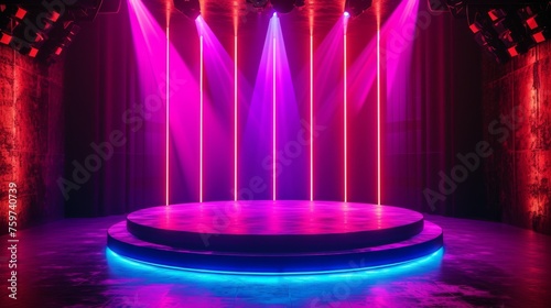 An empty circular stage dramatically lit with vibrant pink lighting, creating a captivating atmosphere