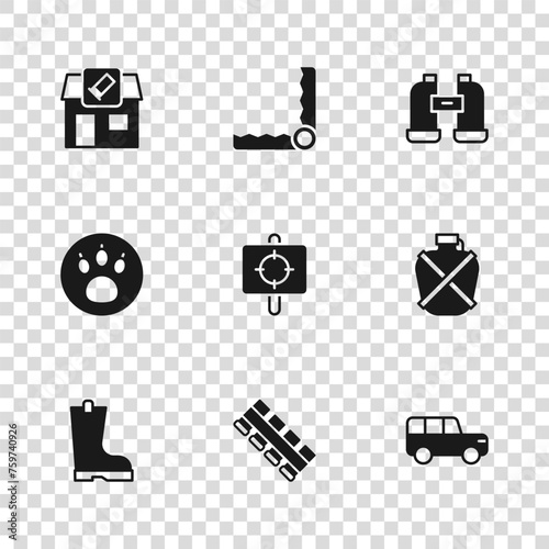 Set Hunting cartridge belt, Canteen water bottle, Safari, Target sport, Binoculars, shop, Trap hunting and Paw search icon. Vector