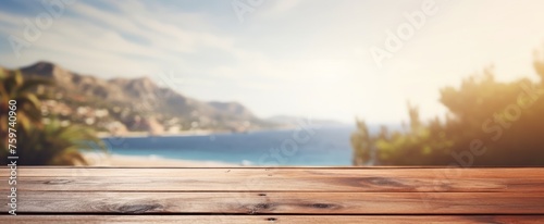wood plank table against blurred blurred background of the beach island