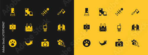 Set Wooden axe, Hunting horn, Walkie talkie, Photo camera, Bulletproof vest, Dead fish, Cartridges and Hunter boots icon. Vector