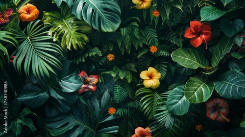 A minimalist shot of a lush tropical jungle, with dense foliage and vibrant flowers