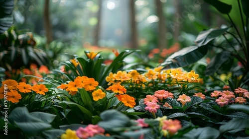 a tropical flower garden, with exotic blooms and lush foliage, creating a col...
