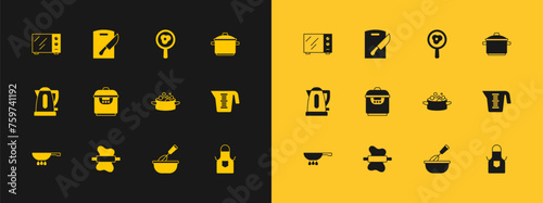 Set Cooking pot, Rolling pin on dough, whisk with bowl, Slow cooker, Fried eggs frying pan, Microwave oven and Cutting board and knife icon. Vector