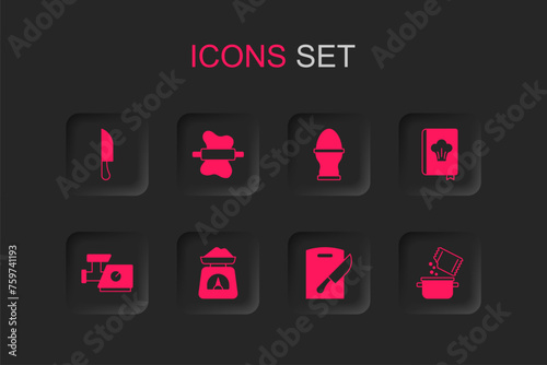 Set Scales, Rolling pin on dough, Knife, Cutting board and knife, Cookbook, Cooking pot spice, Chicken egg stand and Kitchen meat grinder icon. Vector