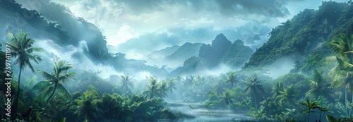 a tropical tropical rainforest with fog, mountainous vistas