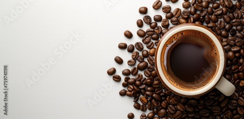 a cup of coffee sits next to coffee beans on a white background