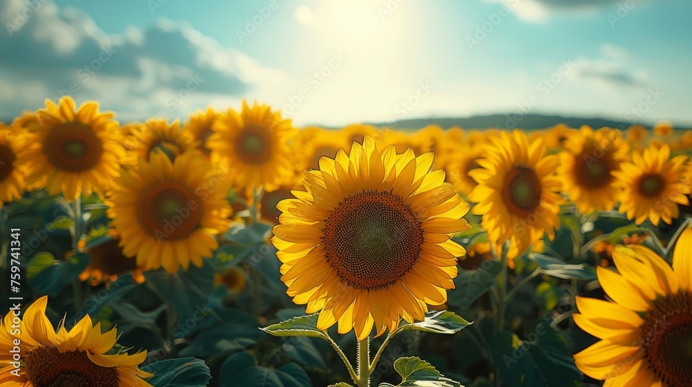 A sunflower field with tall sunflowers standing against a clear blue sky