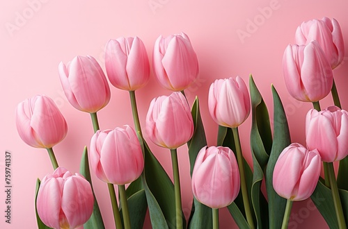 pink tulips arranged on a pink background