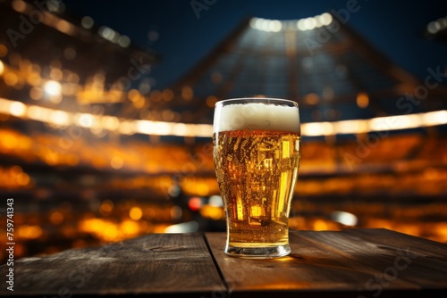 a beer glass sits on a table in front of a soccer stadium