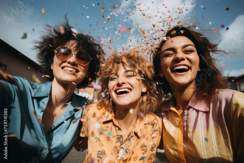 Three women are throwing confetti into the air