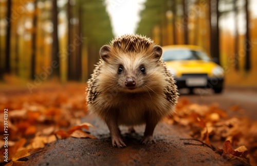 hedgehog walking on a roadway in front of a car
