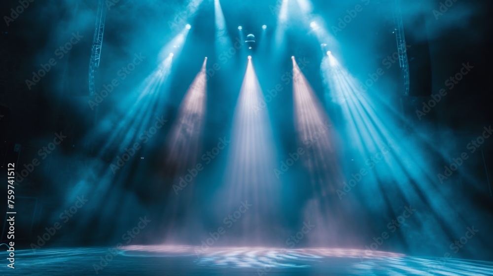 An atmospheric shot capturing an empty stage bathed in dramatic blue light and hazy mist, conveying anticipation