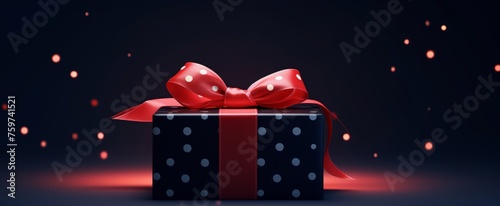 a present with a red ribbon on a blue background