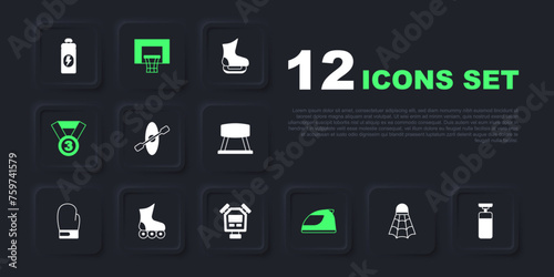 Set Badminton shuttlecock, Punching bag, Kayak and paddle, Racing helmet, Medal, Roller skate, Basketball backboard and Stopwatch icon. Vector