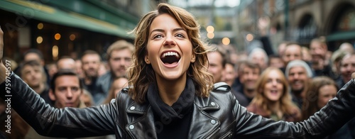 A woman in a leather jacket stands out in a crowd