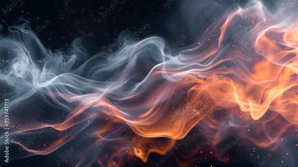 A mesmerizing image showing wavy patterns of orange and grey smoke intertwining against a dark background resembling cosmic activity - obrazy, fototapety, plakaty 