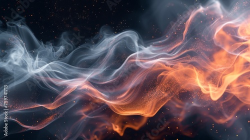 A mesmerizing image showing wavy patterns of orange and grey smoke intertwining against a dark background resembling cosmic activity