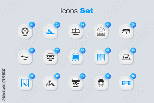 Set Hopscotch, Swing car, Slide playground, Gymnastic rings, Playground kids bridge, for, Ferris wheel and Jumping trampoline icon. Vector