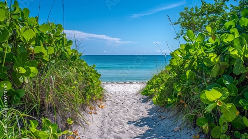 A sandy path leading to the beach, with lush greenery on either side and a clear blue sky
